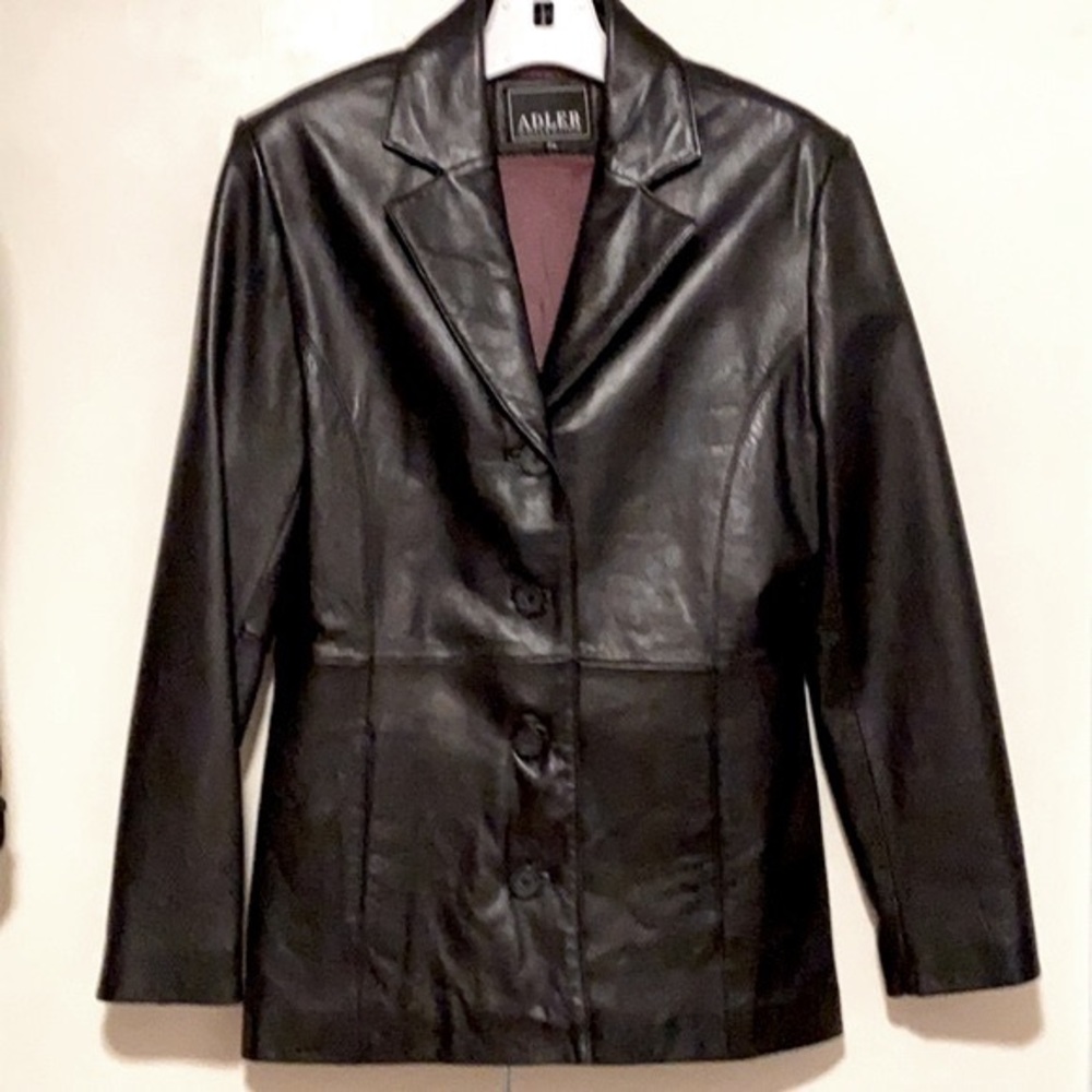 Adler Collection Women Petite L Black Genuine Leather Lined Buttoned-Up Coat